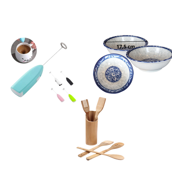 Pack d’un mini batteur, un spatule en bois 5 pièces plus 3 assiettes 17,5 cm