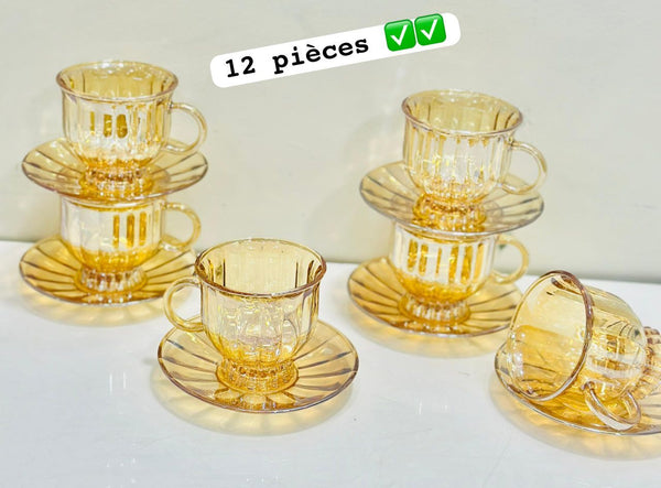 Tasse sous tasse en verre doré 12 pièces